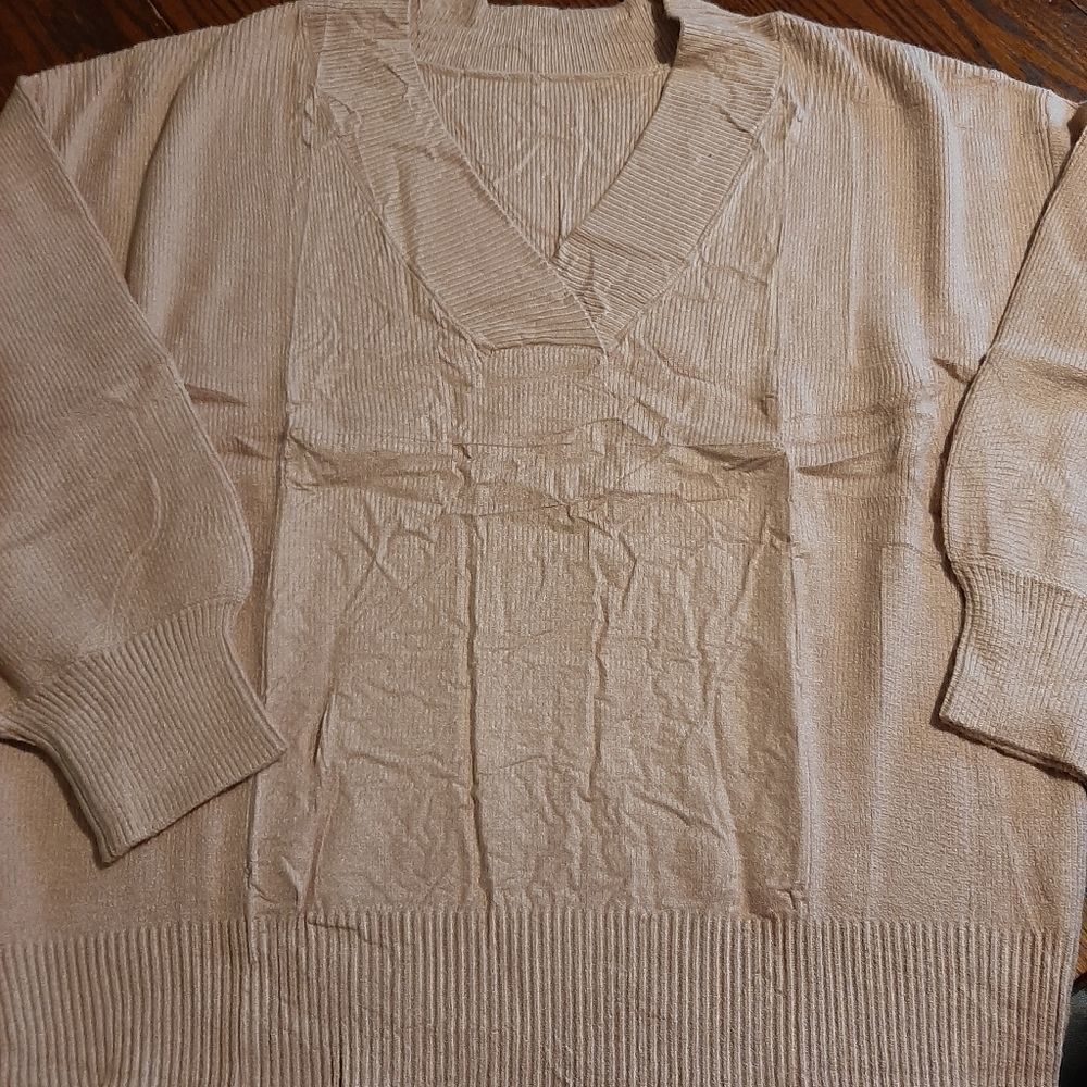 New Large Khaki Tan V-Neck Sweater